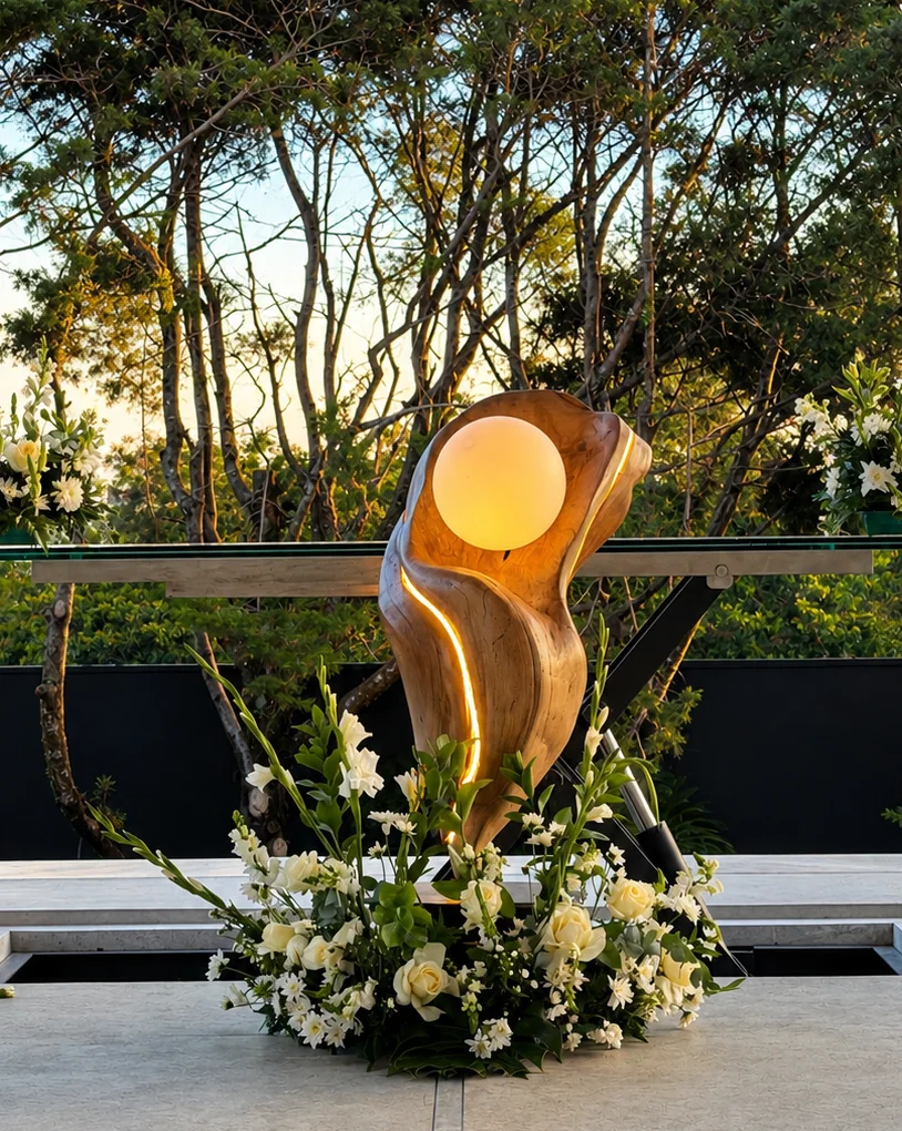 A golden wedding ceremony altar with white floral arrangements at Laureal Event Center
